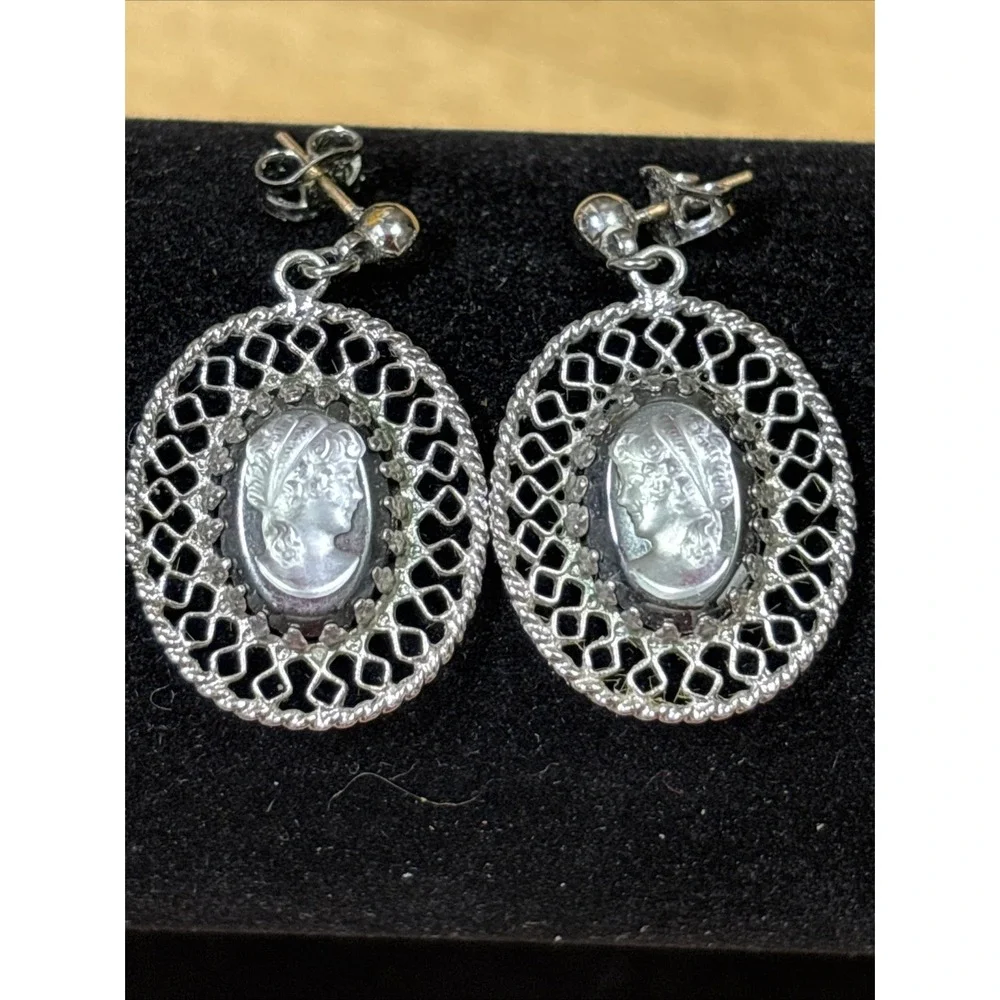 Vintage Silver Tone Faux Pearl Cameo Filigree Oval Dangle Post Earrings
